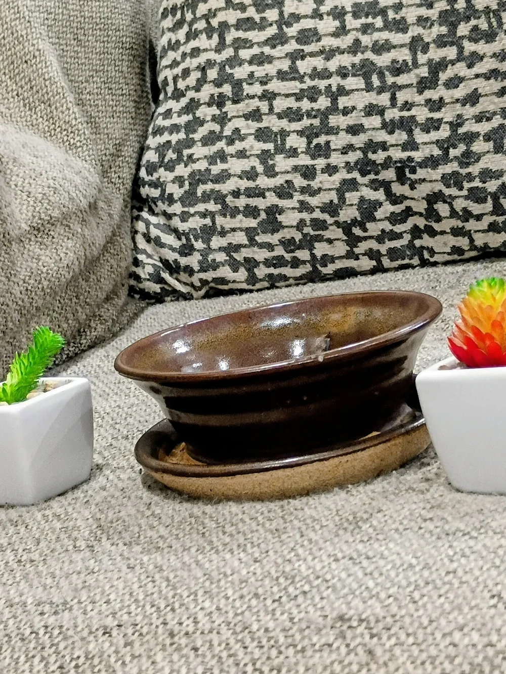 Handmade Brown Ceramic Bowl with Saucer - Brown